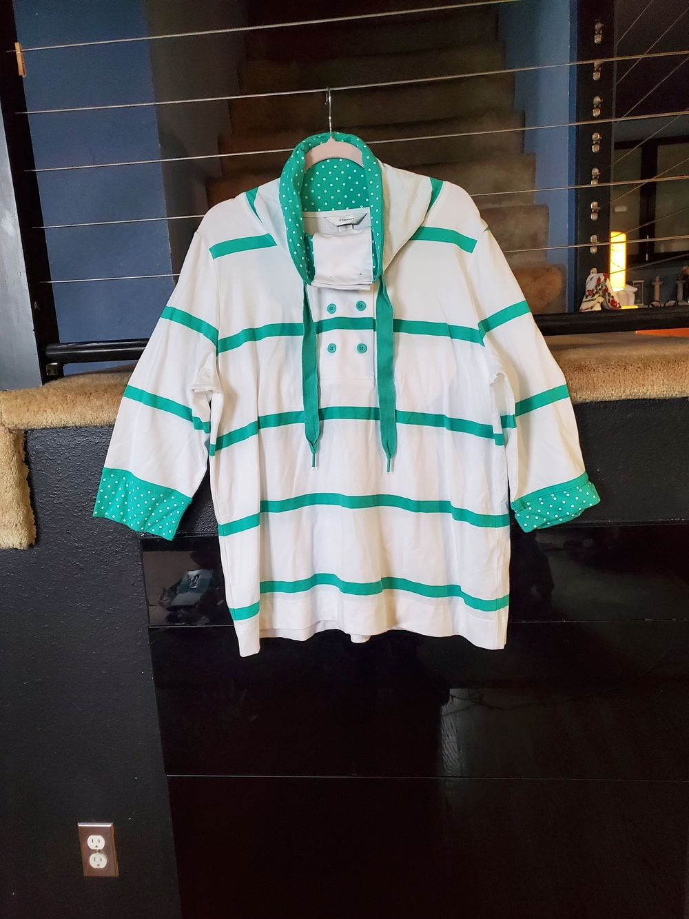 CJ Banks White and Teal Striped Pullover Hoodie with Polka-Dot Trim